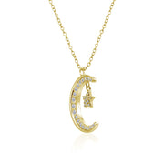 Yellow Gold Flashed Sterling Silver Crescent Moon and Star Polished Round Cubic Zirconia Necklace