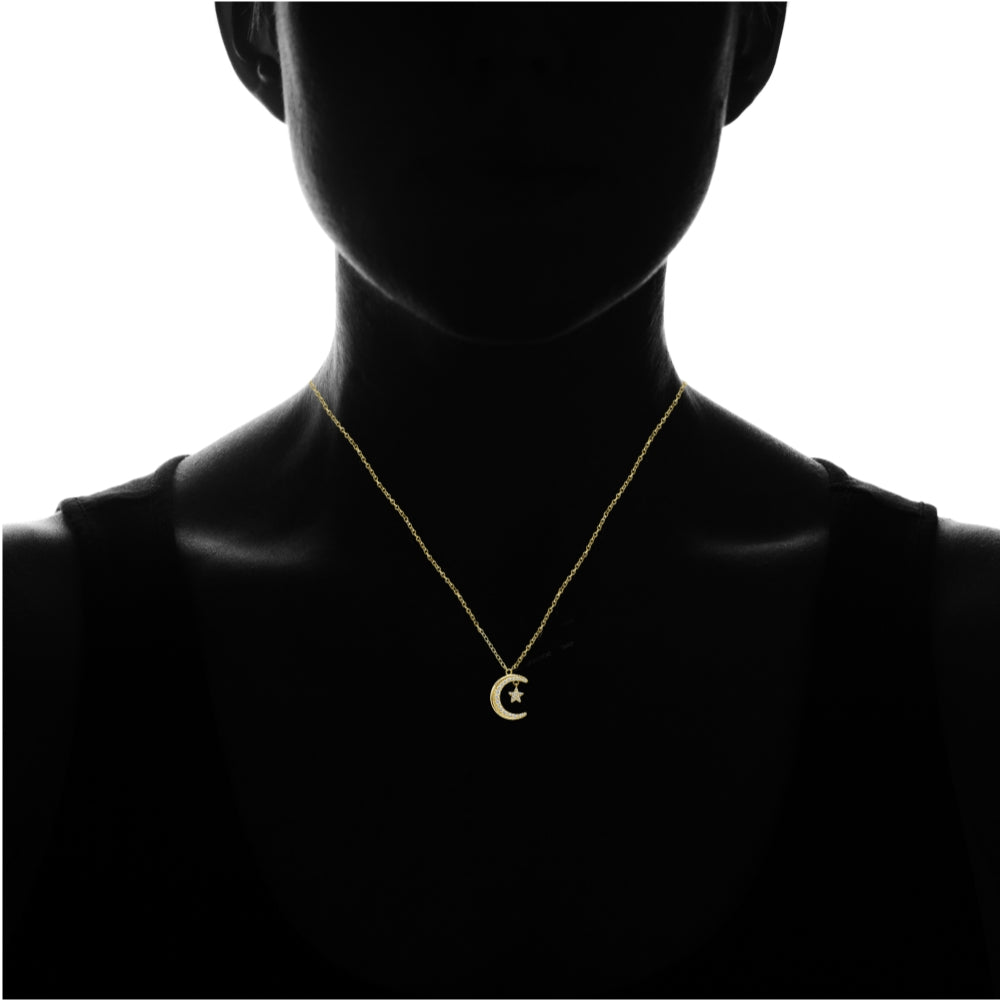 Yellow Gold Flashed Sterling Silver Crescent Moon and Star Polished Round Cubic Zirconia Necklace-3