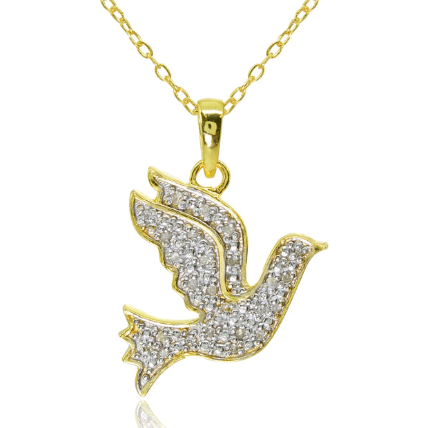 Yellow Gold Flashed Sterling Silver Polished Flying Dove Bird Peace Diamond Accent Pendant Necklace, JK-I3