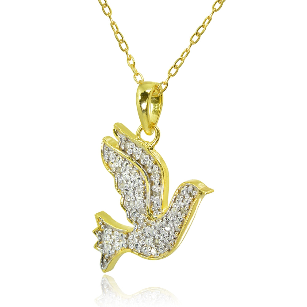 Yellow Gold Flashed Sterling Silver Polished Flying Dove Bird Peace Diamond Accent Pendant Necklace, JK-I3-2