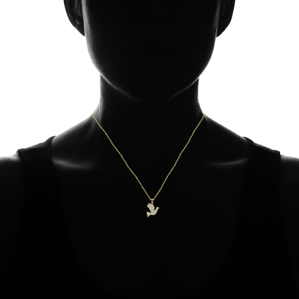 Yellow Gold Flashed Sterling Silver Polished Flying Dove Bird Peace Diamond Accent Pendant Necklace, JK-I3-3