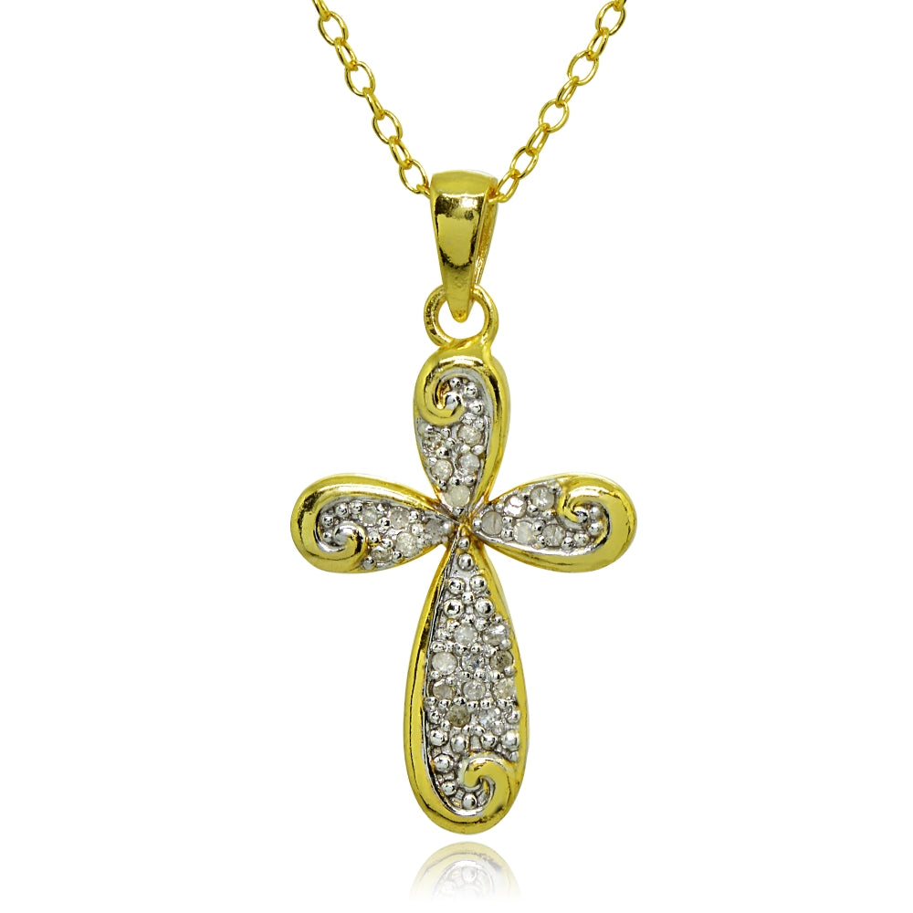 Yellow Gold Flashed Sterling Silver Polished Curved Cross Filigree Swirl Diamond Accent Pendant Necklace, JK-I3