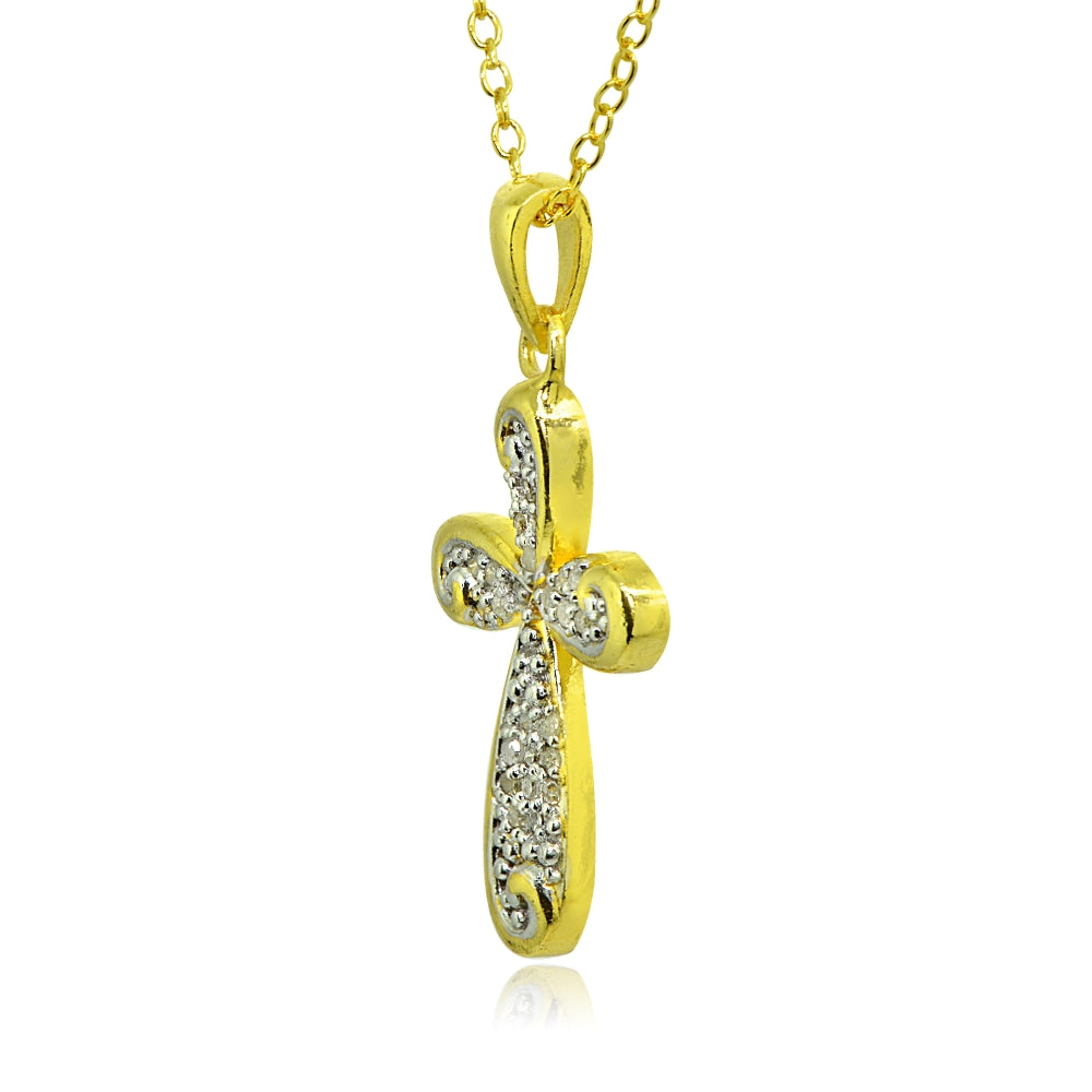Yellow Gold Flashed Sterling Silver Polished Curved Cross Filigree Swirl Diamond Accent Pendant Necklace, JK-I3-2