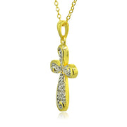 Yellow Gold Flashed Sterling Silver Polished Curved Cross Filigree Swirl Diamond Accent Pendant Necklace, JK-I3