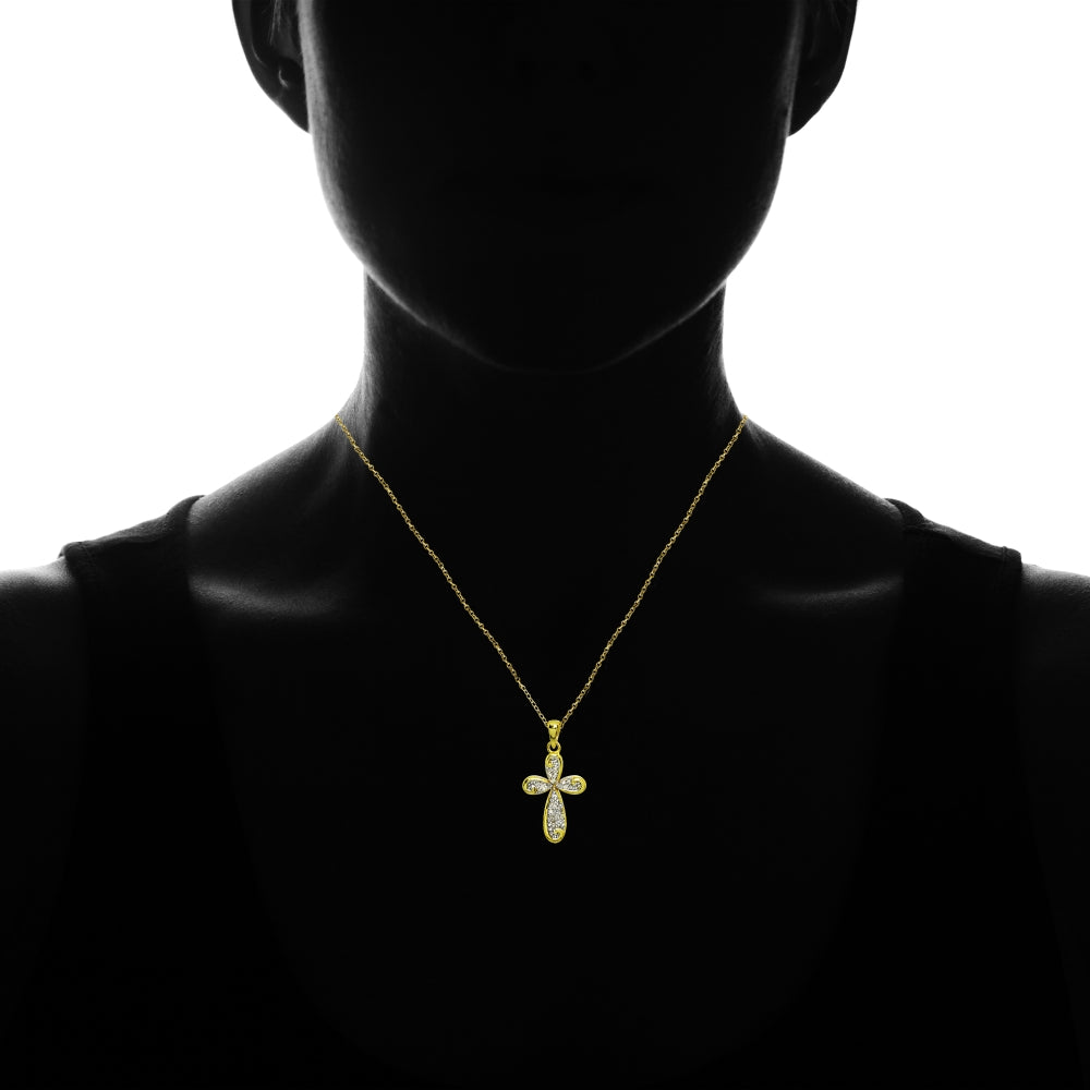 Yellow Gold Flashed Sterling Silver Polished Curved Cross Filigree Swirl Diamond Accent Pendant Necklace, JK-I3-3