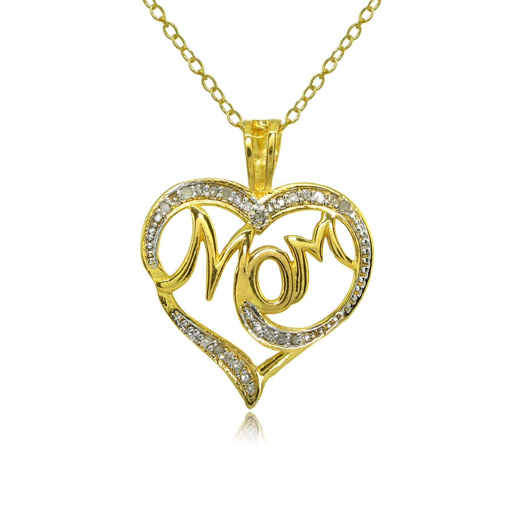 Yellow Gold Flashed Sterling Silver Polished Heart MOM Diamond Accent Pendant Necklace, JK-I3