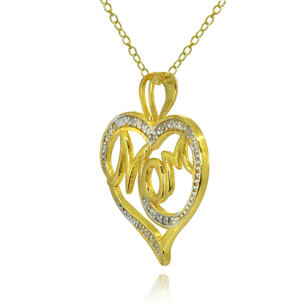 Yellow Gold Flashed Sterling Silver Polished Heart MOM Diamond Accent Pendant Necklace, JK-I3-2