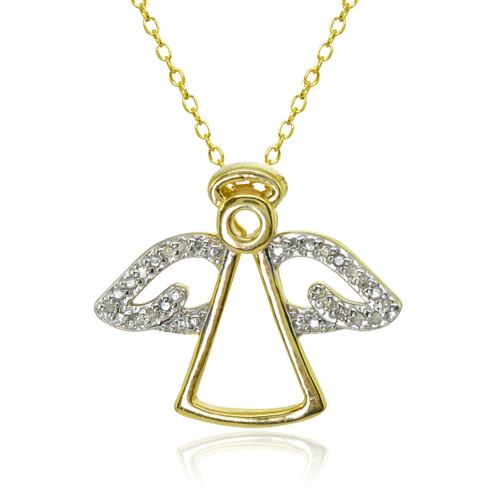 Yellow Gold Flashed Sterling Silver Polished Angel Wings Diamond Accent Pendant Necklace, JK-I3