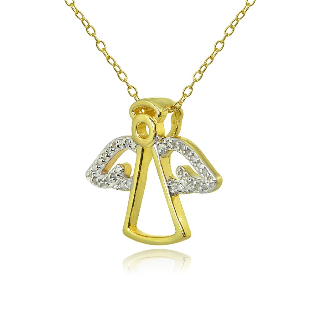 Yellow Gold Flashed Sterling Silver Polished Angel Wings Diamond Accent Pendant Necklace, JK-I3-2