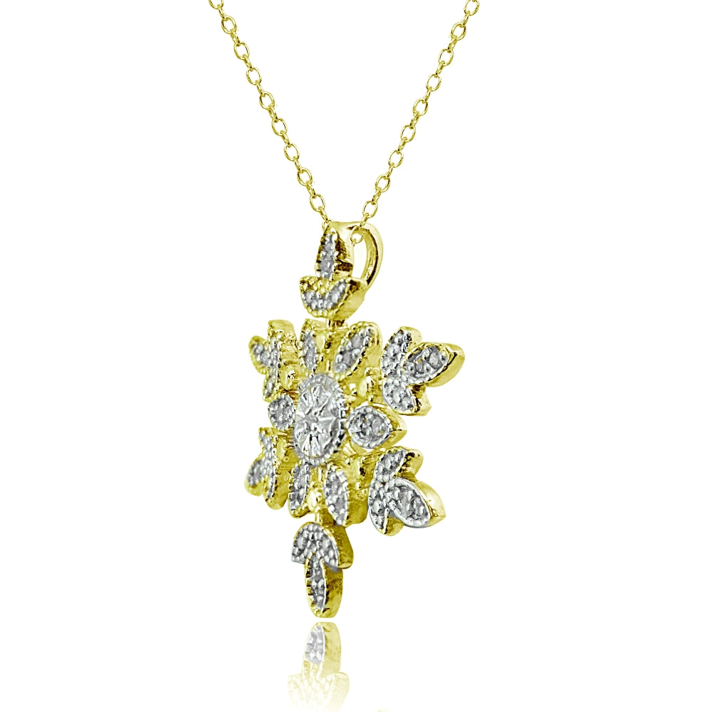 Yellow Gold Flashed Sterling Silver Polished Snowflake Diamond Accent Pendant Necklace, JK-I3-2