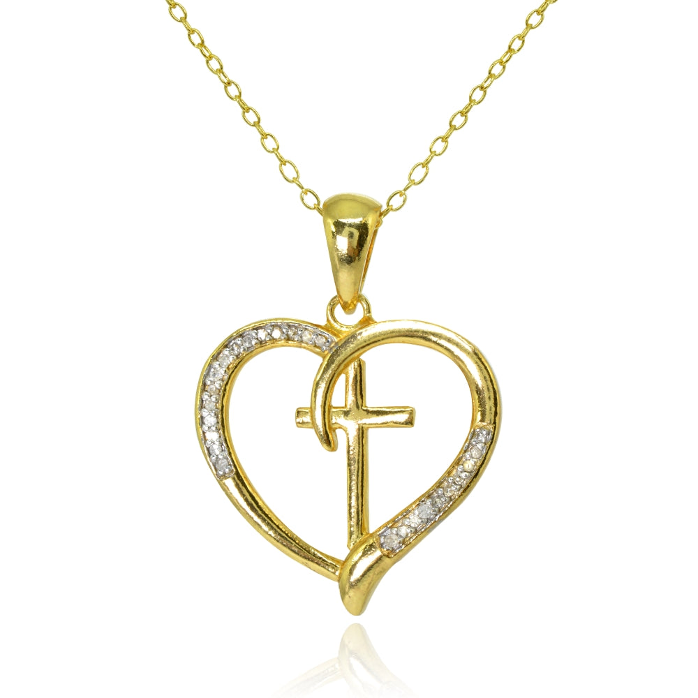 Yellow Gold Flashed Sterling Silver Polished Cross in Heart Diamond Accent Pendant Necklace, JK-I3