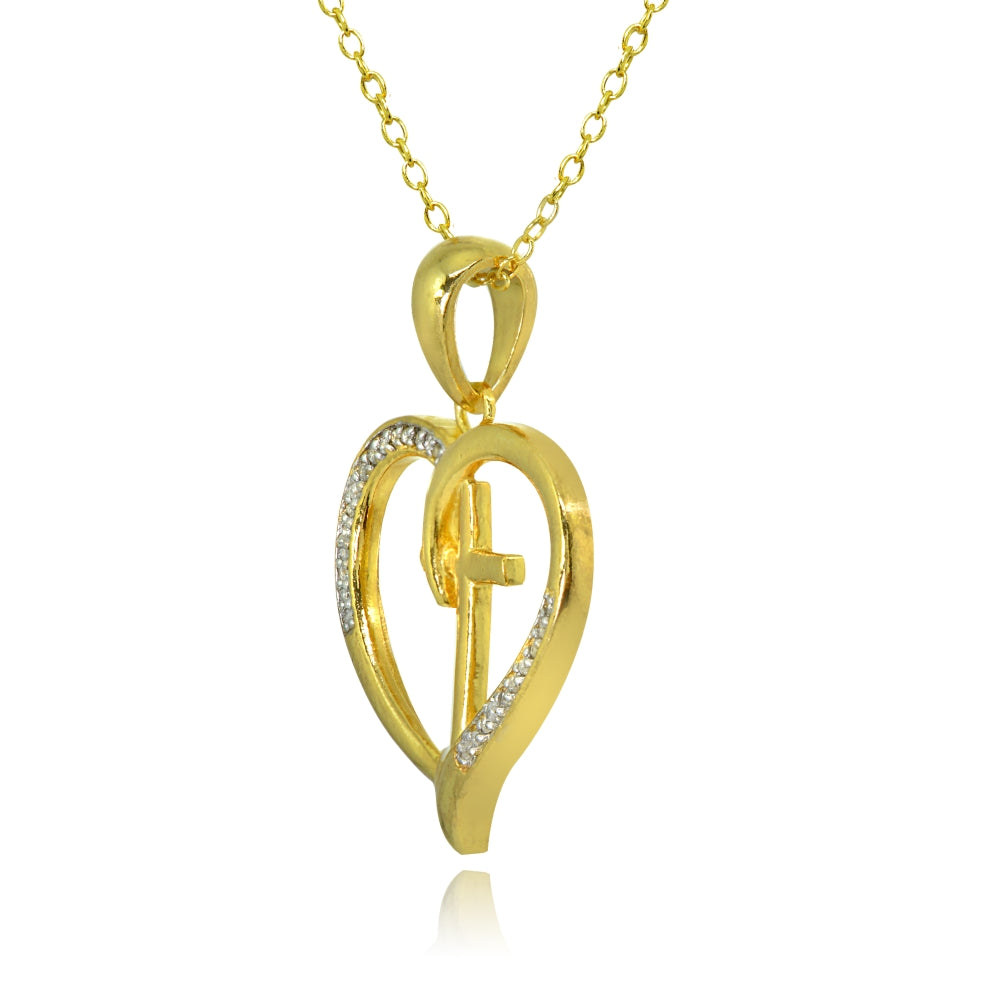 Yellow Gold Flashed Sterling Silver Polished Cross in Heart Diamond Accent Pendant Necklace, JK-I3-2