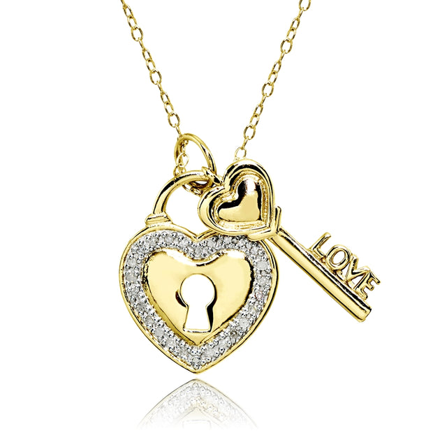 Yellow Gold Flashed Sterling Silver Polished LOVE Key Heart Lock Diamond Accent Pendant Necklace, JK-I3
