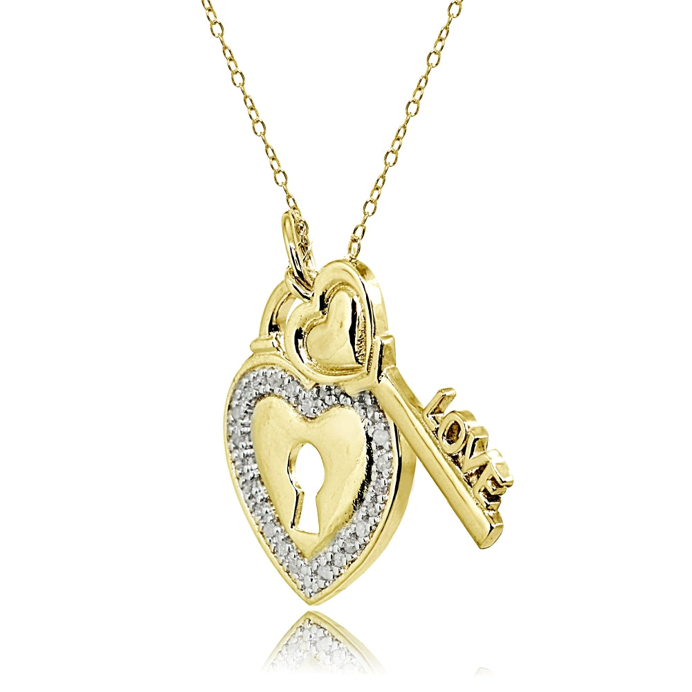 Yellow Gold Flashed Sterling Silver Polished LOVE Key Heart Lock Diamond Accent Pendant Necklace, JK-I3-2