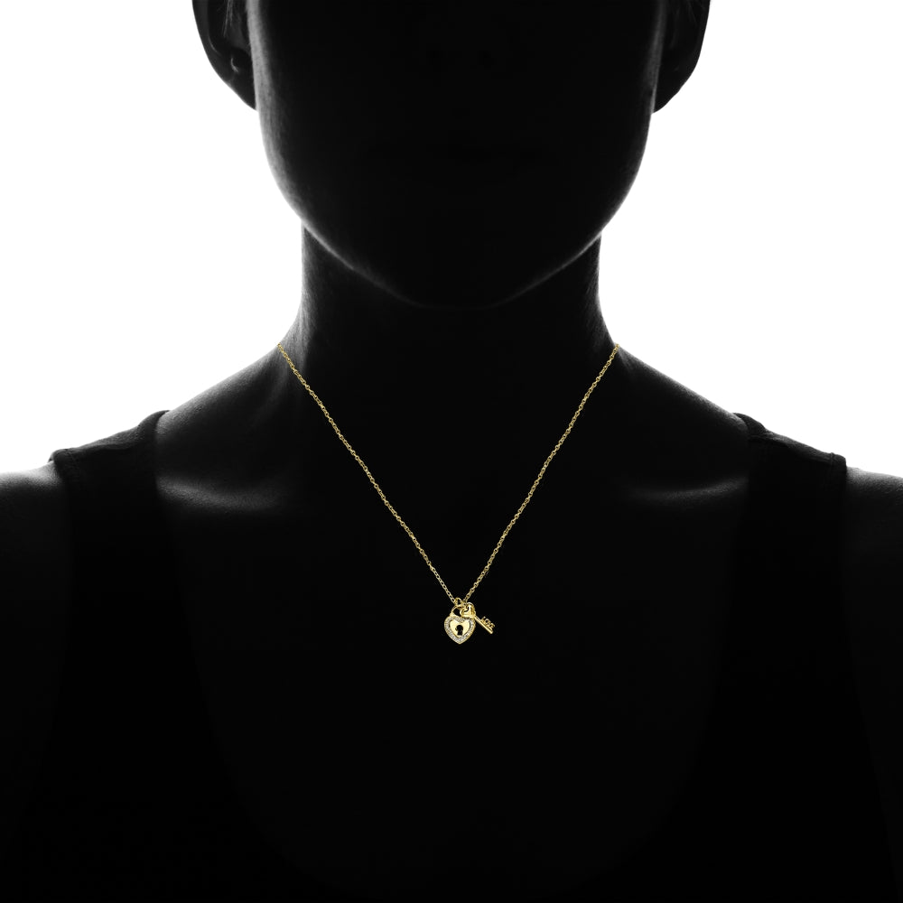 Yellow Gold Flashed Sterling Silver Polished LOVE Key Heart Lock Diamond Accent Pendant Necklace, JK-I3-3