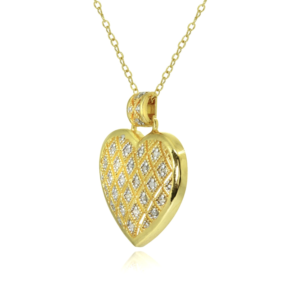 Yellow Gold Flashed Sterling Silver Polished Textured Heart Diamond Accent Pendant Necklace, JK-I3-2