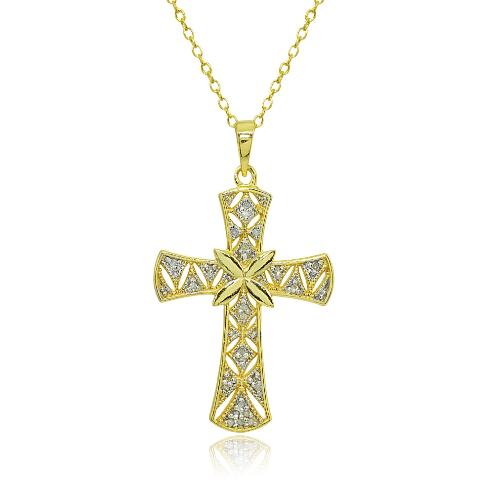 Yellow Gold Flashed Sterling Silver Polished Textured Irish Cross Diamond Accent Pendant Necklace, JK-I3