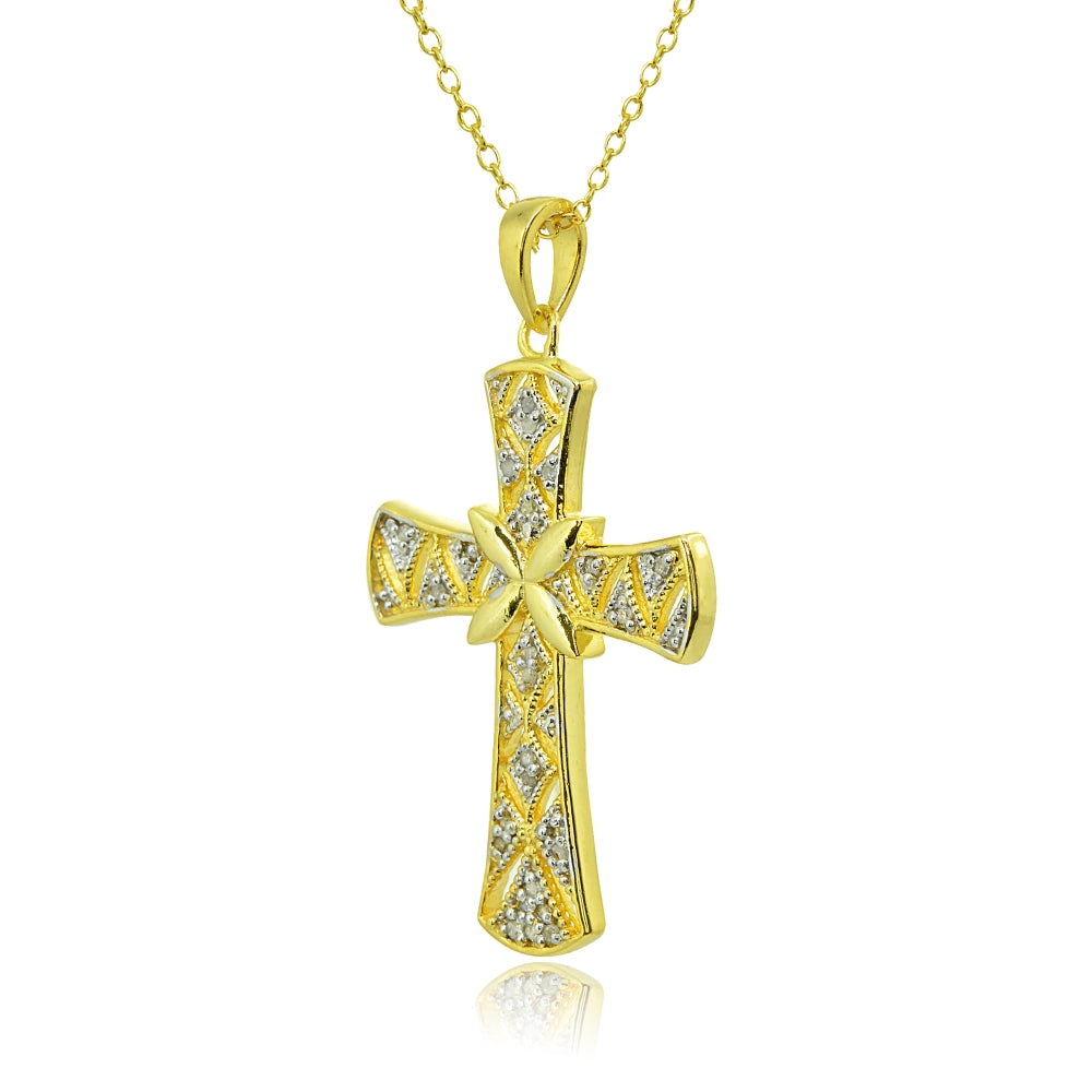 Yellow Gold Flashed Sterling Silver Polished Textured Irish Cross Diamond Accent Pendant Necklace, JK-I3-2
