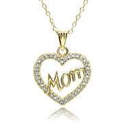 Yellow Gold Flashed Sterling Silver Polished Open Heart Mom Diamond Accent Pendant Necklace, JK-I3