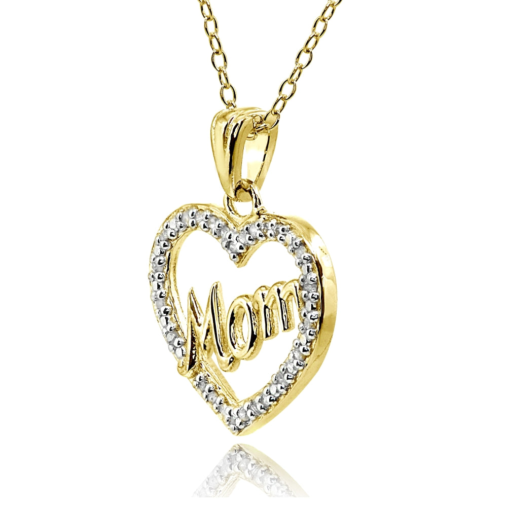 Yellow Gold Flashed Sterling Silver Polished Open Heart Mom Diamond Accent Pendant Necklace, JK-I3-2