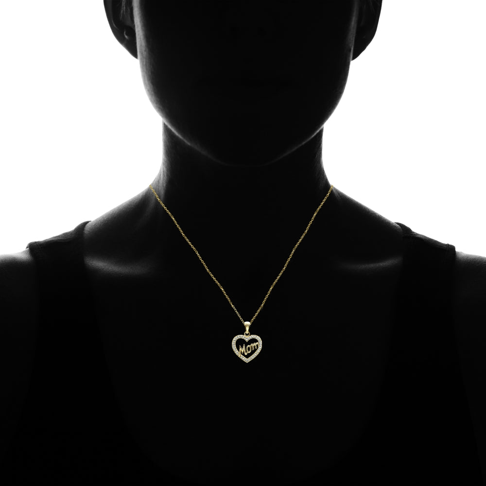 Yellow Gold Flashed Sterling Silver Polished Open Heart Mom Diamond Accent Pendant Necklace, JK-I3-3