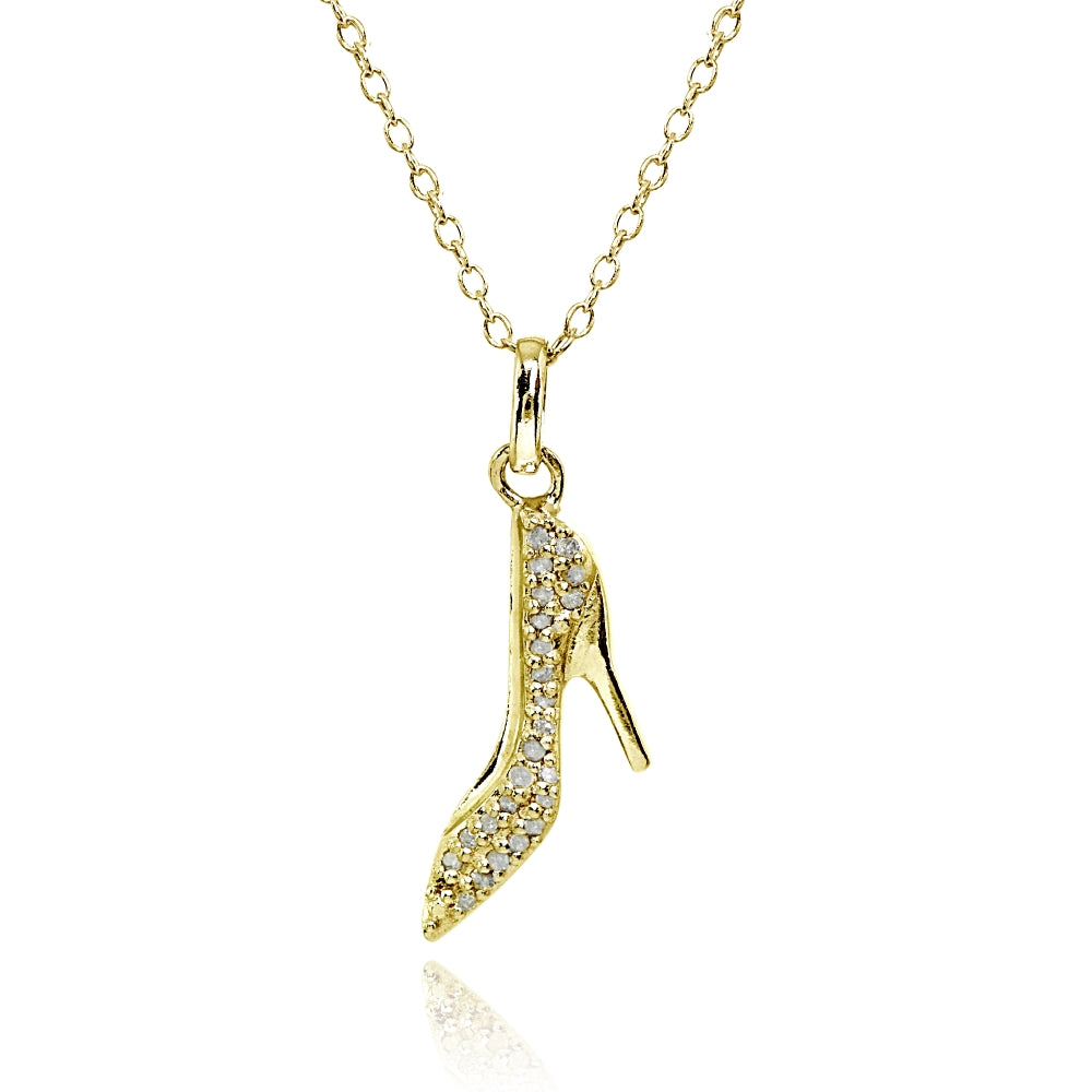 Yellow Gold Flashed Sterling Silver Polished Pointed Heel Shoes Diamond Accent Pendant Necklace, JK-I3