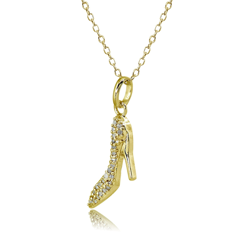 Yellow Gold Flashed Sterling Silver Polished Pointed Heel Shoes Diamond Accent Pendant Necklace, JK-I3-2