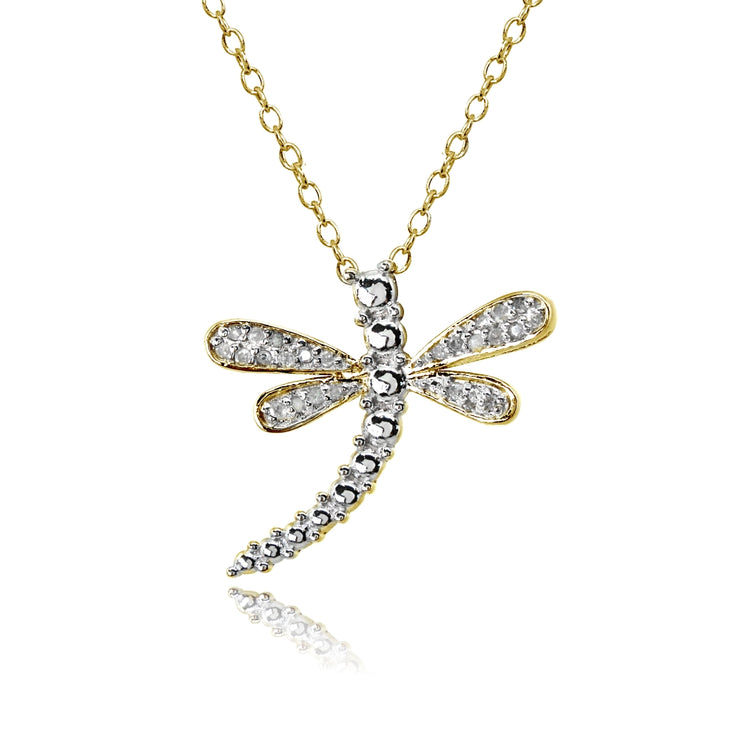 Yellow Gold Flashed Sterling Silver Polished Dragonfly Diamond Accent Pendant Necklace, JK-I3