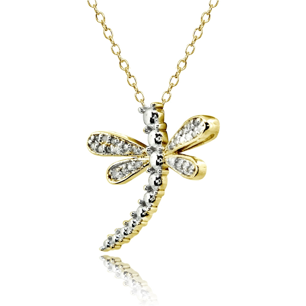 Yellow Gold Flashed Sterling Silver Polished Dragonfly Diamond Accent Pendant Necklace, JK-I3-2
