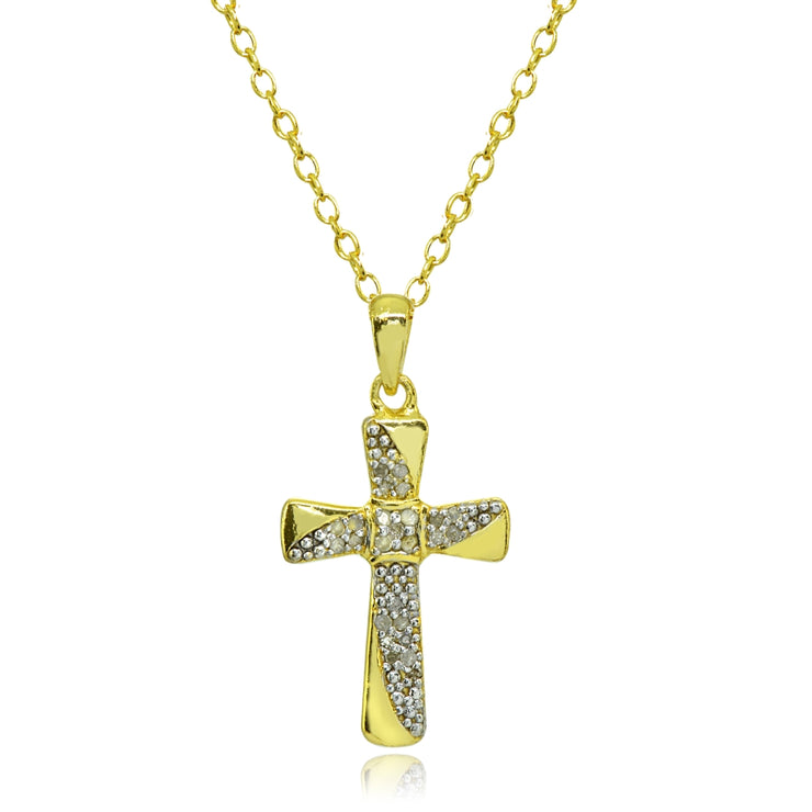 Yellow Gold Flashed Sterling Silver Polished Flared Cross Diamond Accent Pendant Necklace, JK-I3