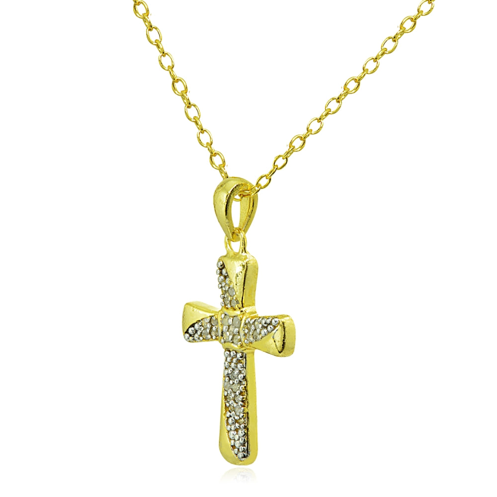 Yellow Gold Flashed Sterling Silver Polished Flared Cross Diamond Accent Pendant Necklace, JK-I3-2
