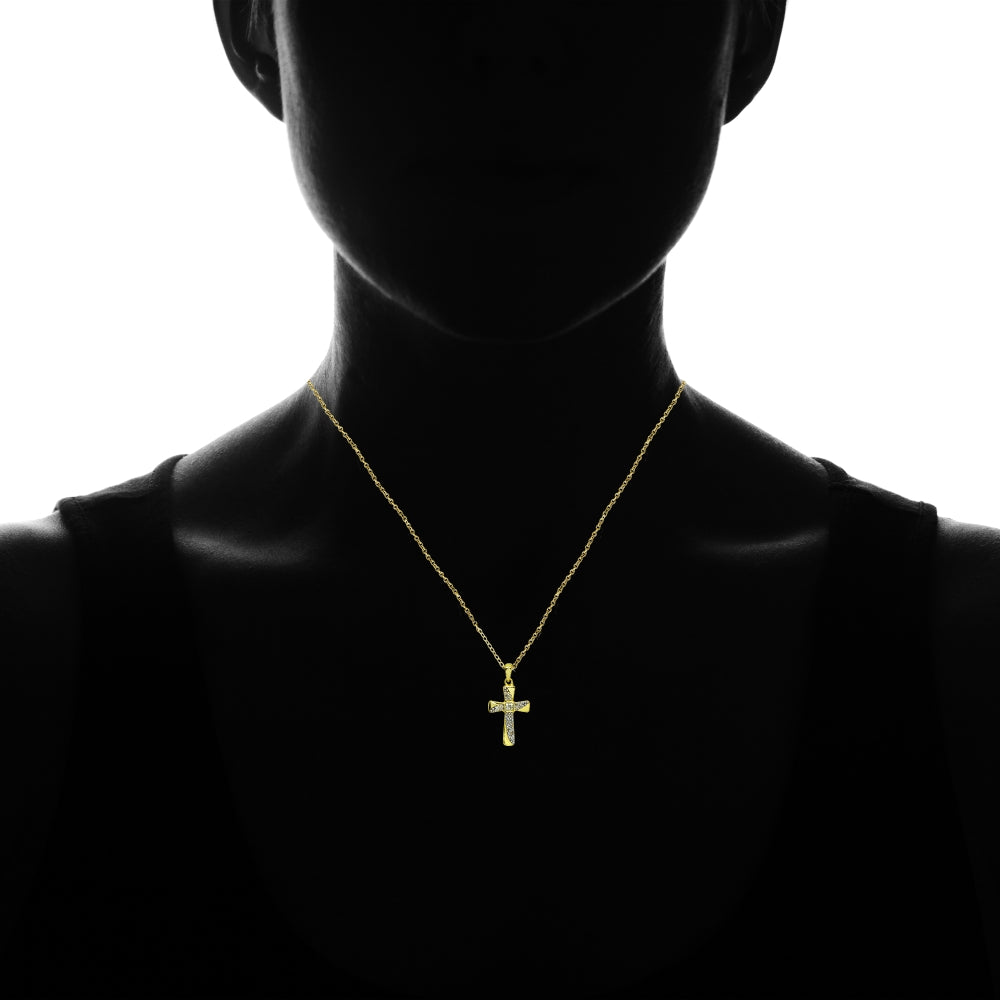 Yellow Gold Flashed Sterling Silver Polished Flared Cross Diamond Accent Pendant Necklace, JK-I3-3