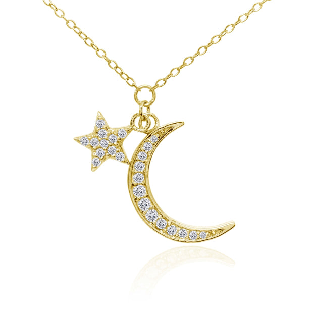Yellow Gold Flashed Sterling Silver Cubic Zirconia Polished Moon and Star Dainty Minimalist Necklace