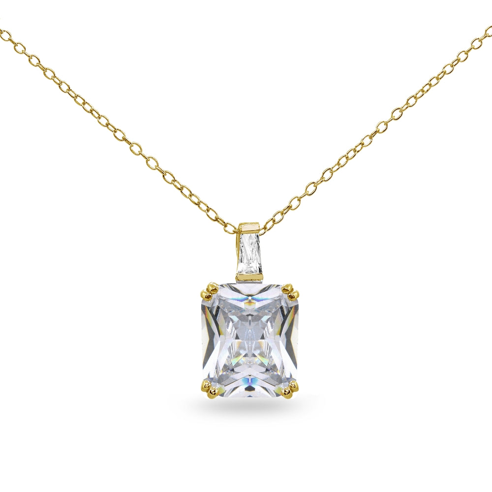Yellow Gold Flashed Sterling Silver Octagon Solitaire Cubic Zirconia Statement Pendant Necklace