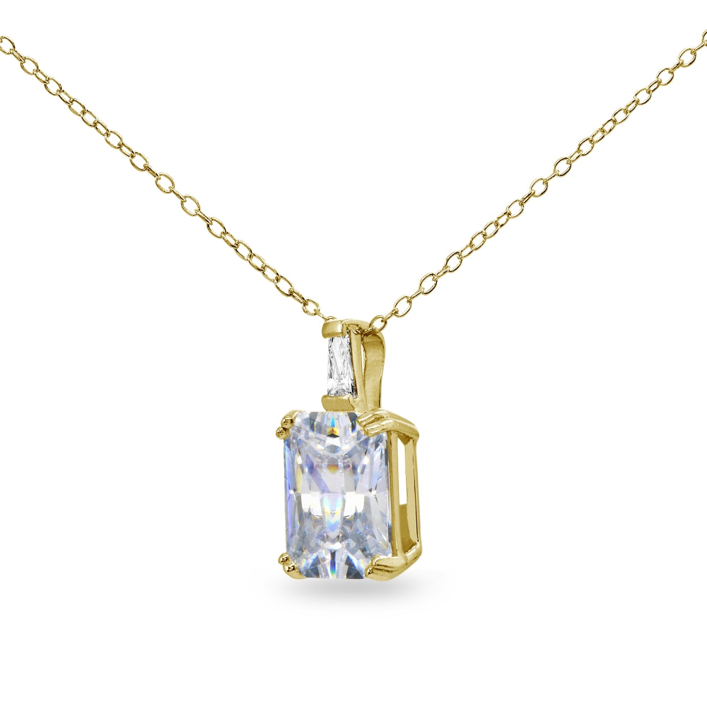 Yellow Gold Flashed Sterling Silver Octagon Solitaire Cubic Zirconia Statement Pendant Necklace-2