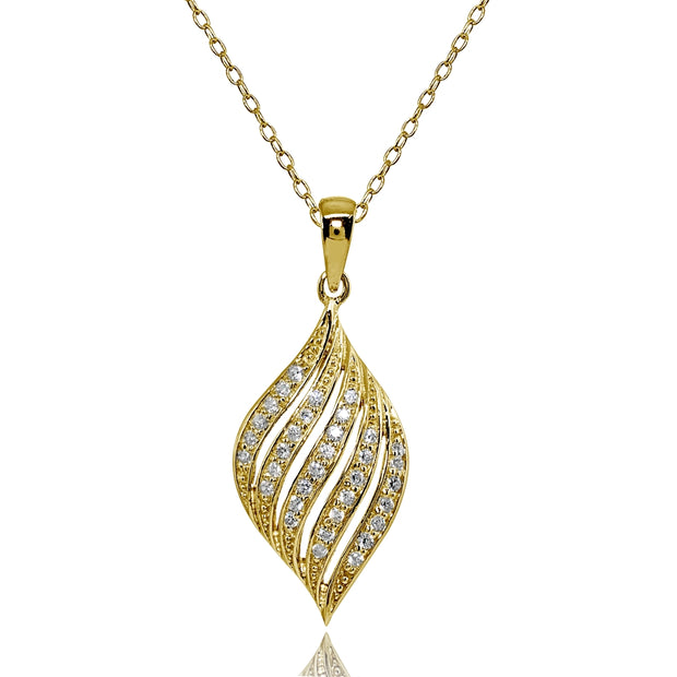 Yellow Gold Flashed Sterling Silver Cubic Zirconia Round Polished Swirl Leaf Pendant Necklace