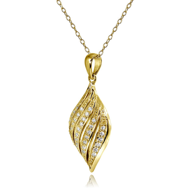Yellow Gold Flashed Sterling Silver Cubic Zirconia Round Polished Swirl Leaf Pendant Necklace
