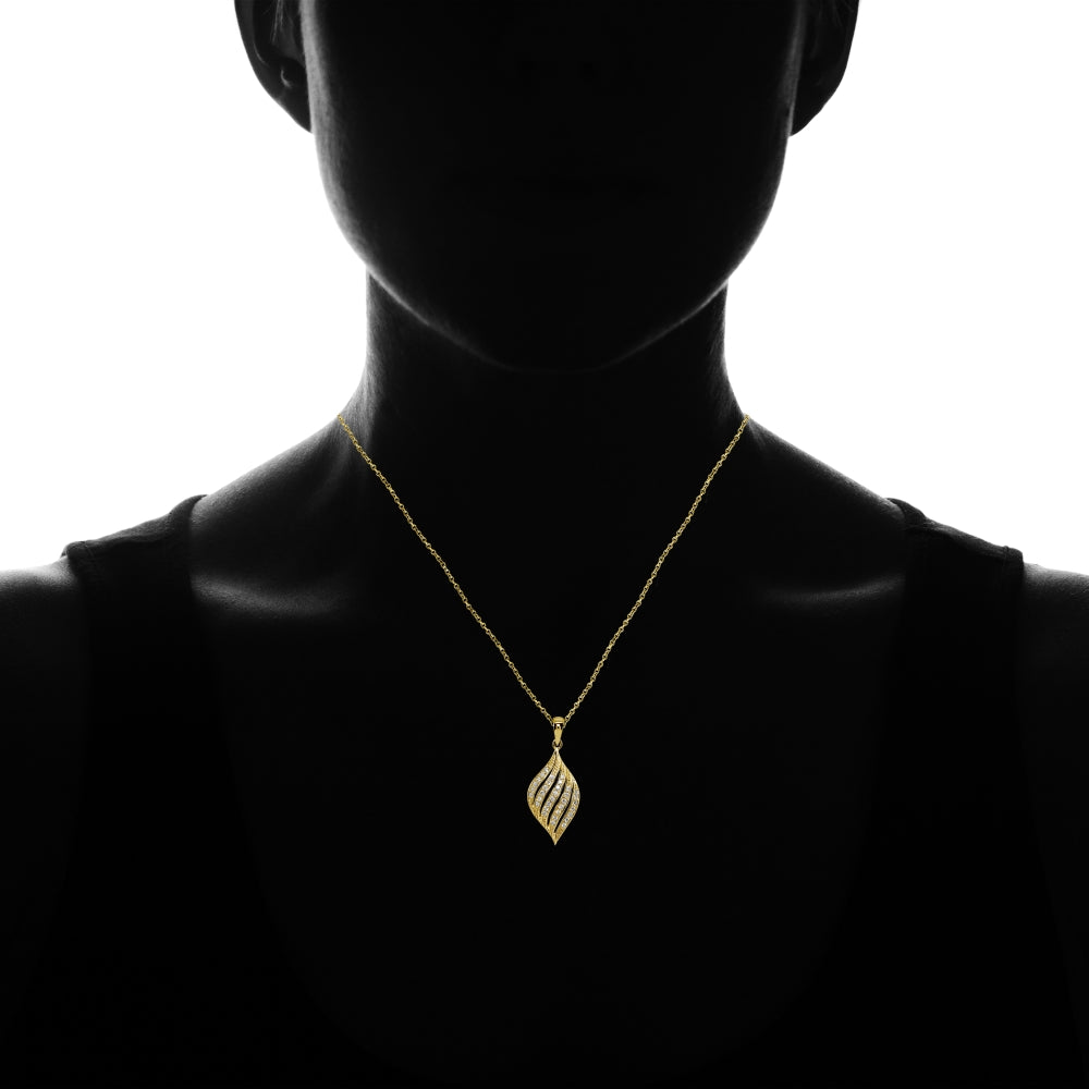 Yellow Gold Flashed Sterling Silver Cubic Zirconia Round Polished Swirl Leaf Pendant Necklace-3
