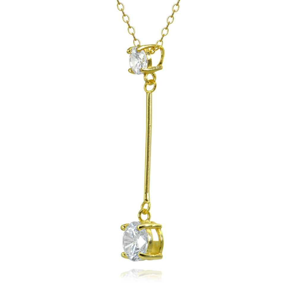 Yellow Gold Flashed Sterling Silver Cubic Zirconia Round Bar Dangle Drop Y-Necklace-2