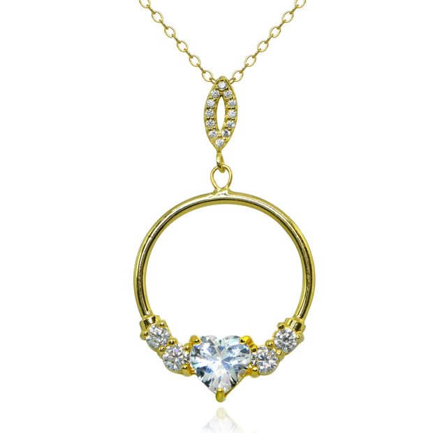 Yellow Gold Flashed Sterling Silver Cubic Zirconia Heart Open Circle Dangle Drop Pendant Necklace