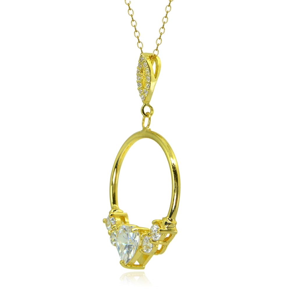 Yellow Gold Flashed Sterling Silver Cubic Zirconia Heart Open Circle Dangle Drop Pendant Necklace-2