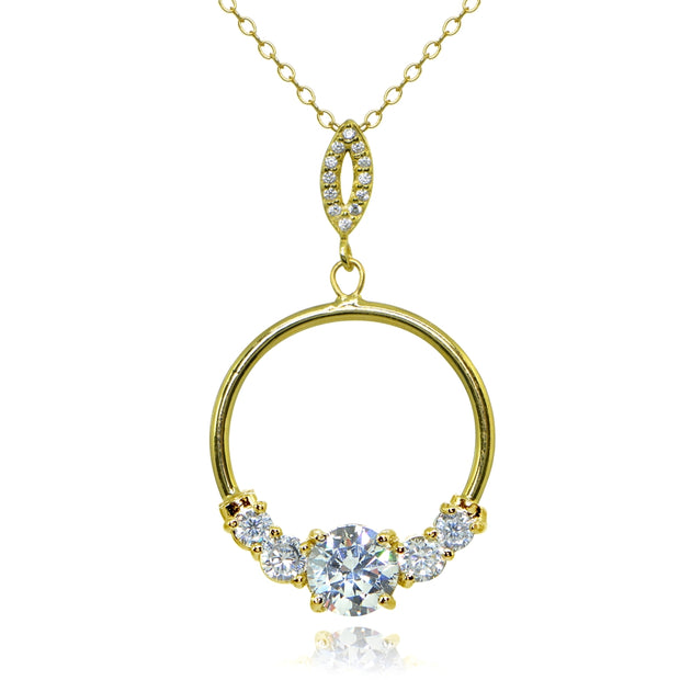 Yellow Gold Flashed Sterling Silver Cubic Zirconia Round Open Circle Dangle Drop Pendant Necklace