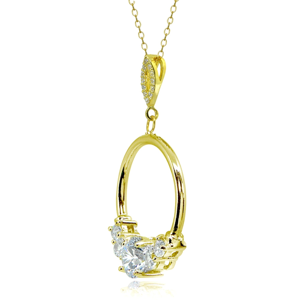 Yellow Gold Flashed Sterling Silver Cubic Zirconia Round Open Circle Dangle Drop Pendant Necklace-2