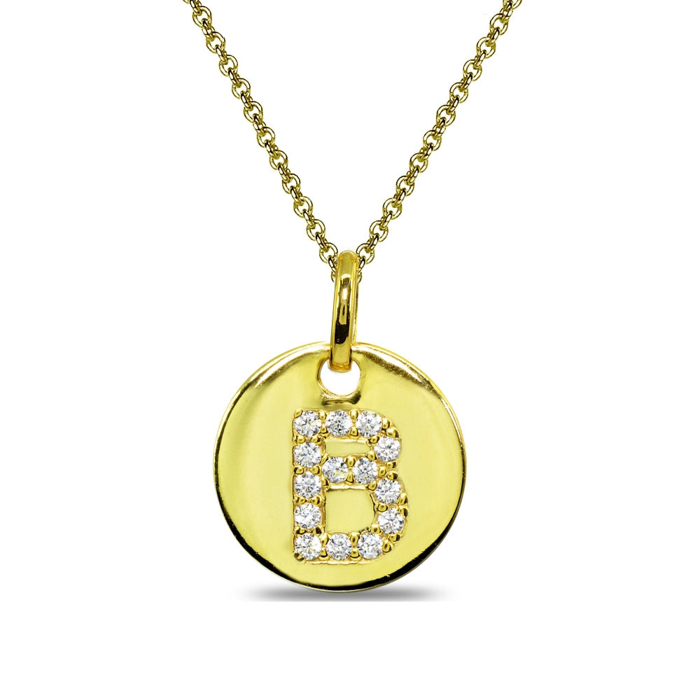 Gold Flash Sterling Silver B Letter CZ Initial Alphabet Name Personalized Pendant Necklace, 15” + Extender