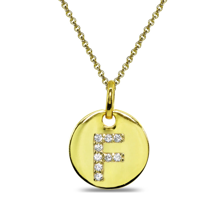 Gold Flash Sterling Silver F Letter CZ Initial Alphabet Name Personalized Pendant Necklace, 15” + Extender