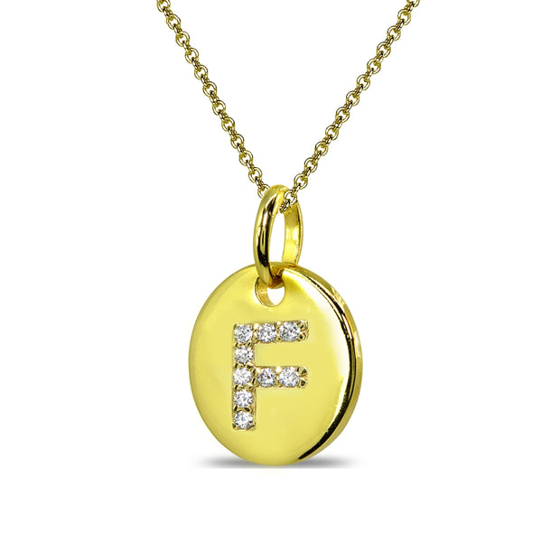 Gold Flash Sterling Silver F Letter CZ Initial Alphabet Name Personalized Pendant Necklace, 15” + Extender