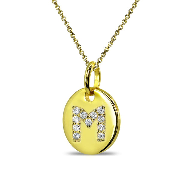 Gold Flash Sterling Silver M Letter CZ Initial Alphabet Name Personalized Pendant Necklace, 15” + Extender
