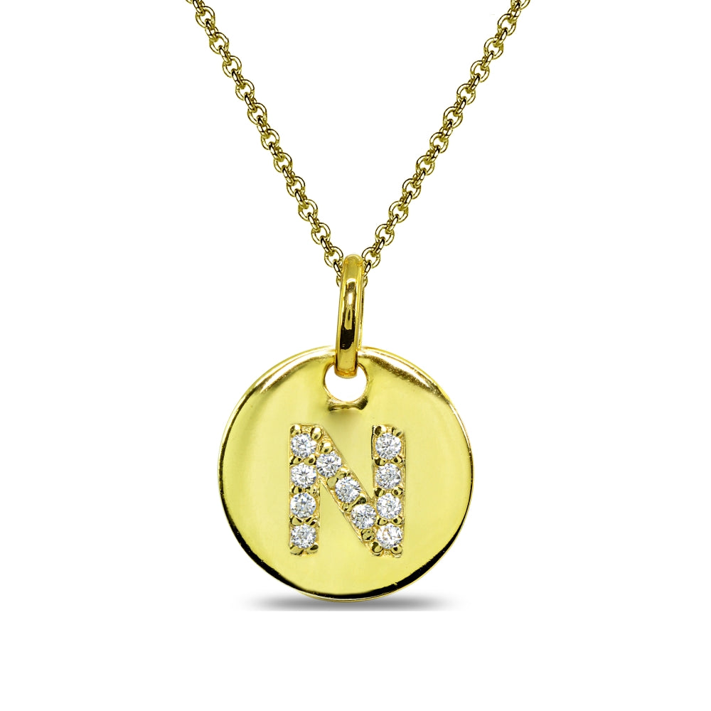 Gold Flash Sterling Silver N Letter CZ Initial Alphabet Name Personalized Pendant Necklace, 15” + Extender