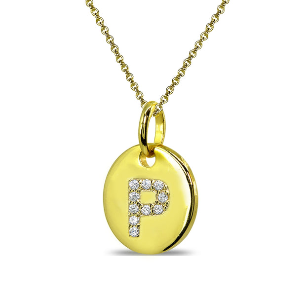Gold Flash Sterling Silver P Letter CZ Initial Alphabet Name Personalized Pendant Necklace, 15” + Extender