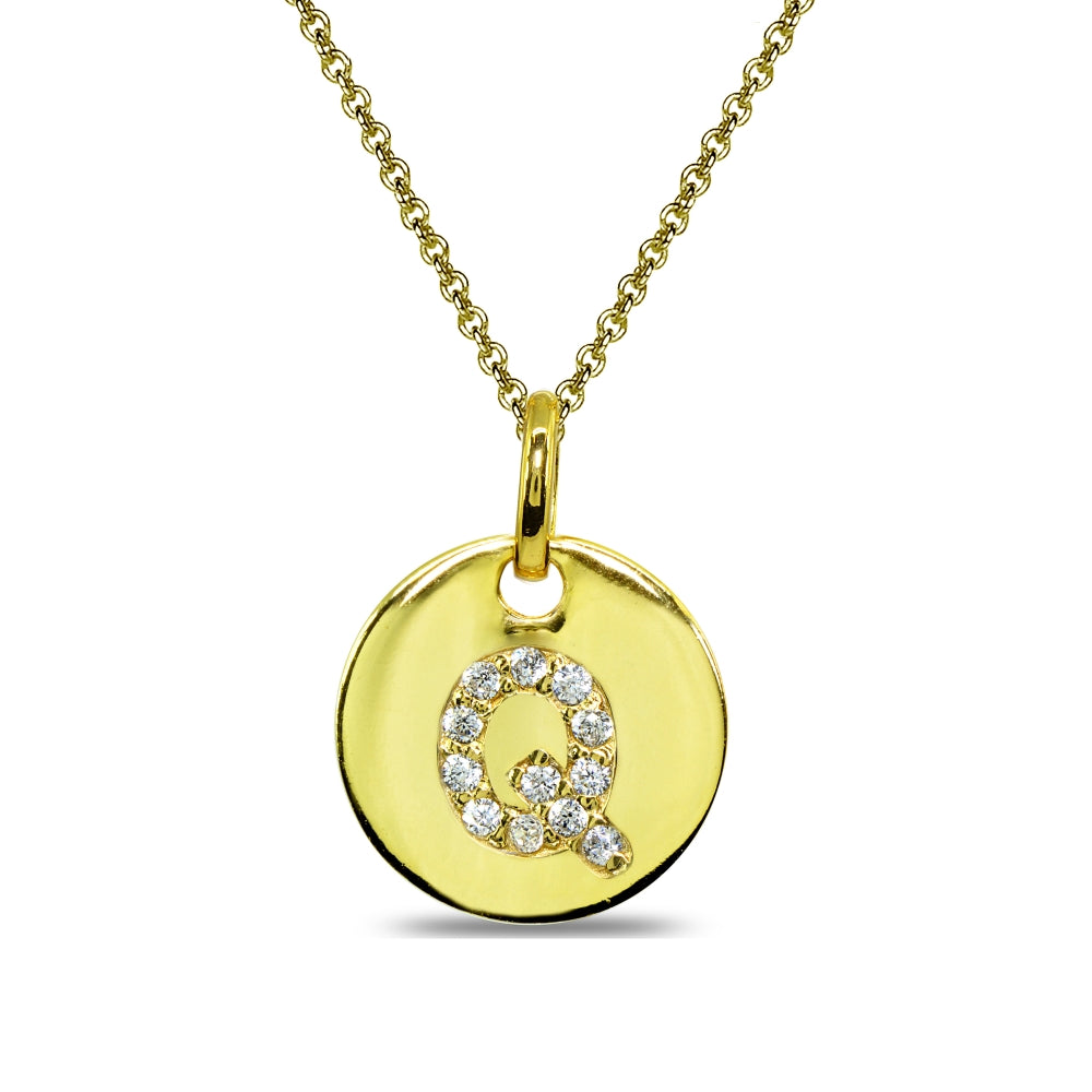 Gold Flash Sterling Silver Q Letter CZ Initial Alphabet Name Personalized Pendant Necklace, 15” + Extender